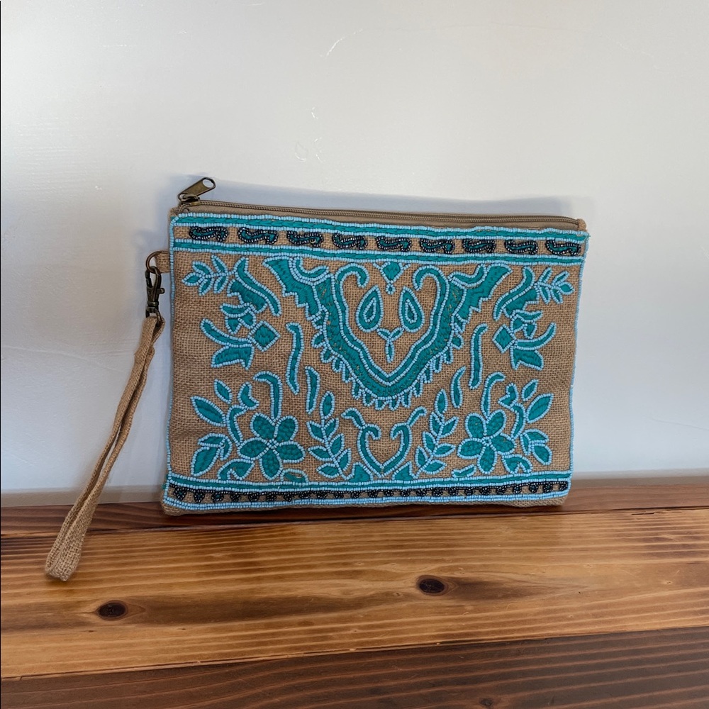 lovestitch Turquoise Embroidered Tan Wristlet Clutch